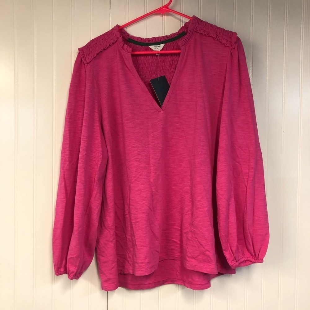 Crown & Ivy Women's Pink Blouse Long Sleeve Ruched & Ruffle Detail 1X